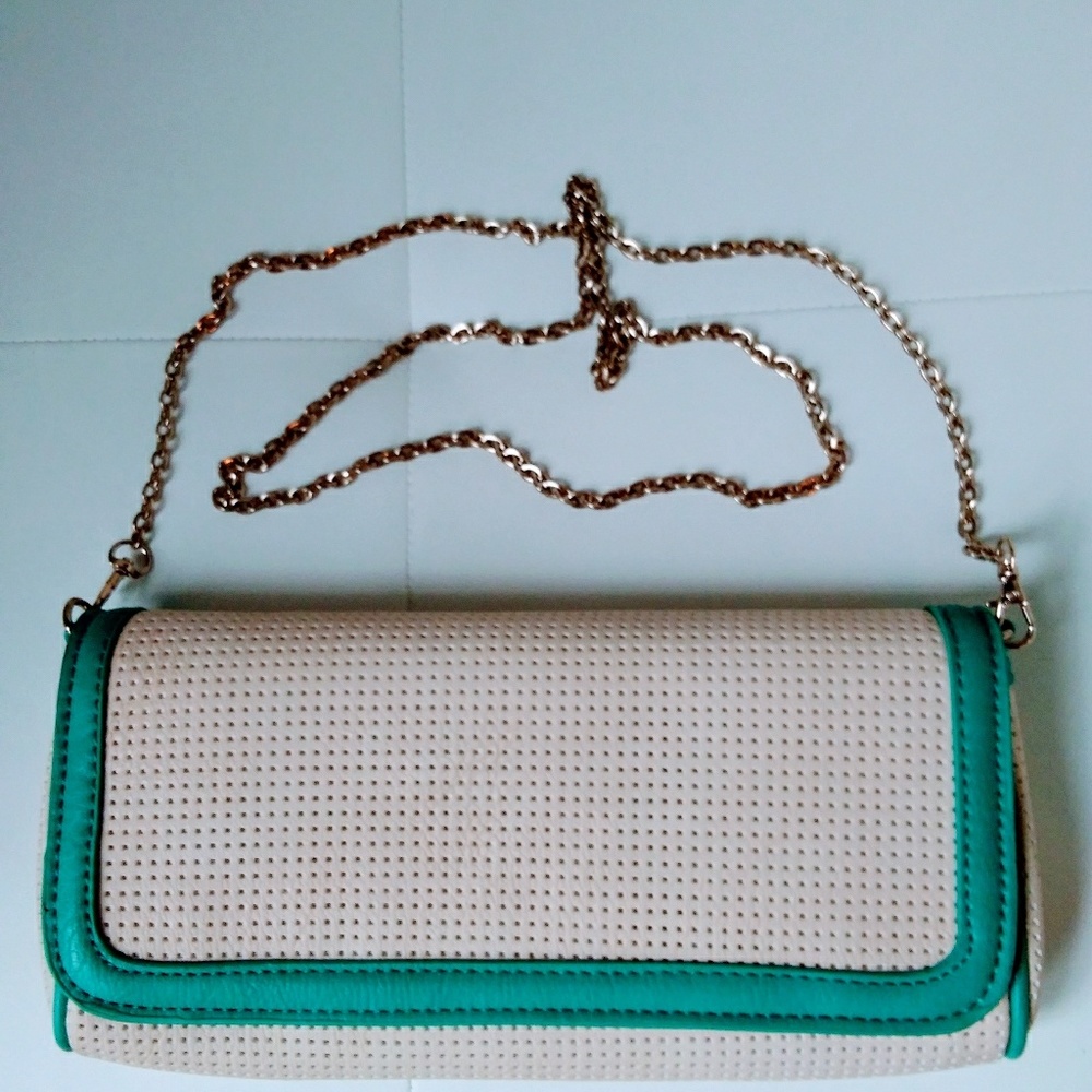 Teal Blue and Cream Handbag With Chain